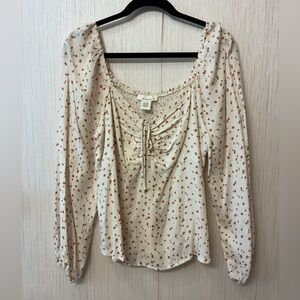 Urban Romantics L Long Sleeve Peasant Top Cottagecore Milkmaid Blouse Spotted